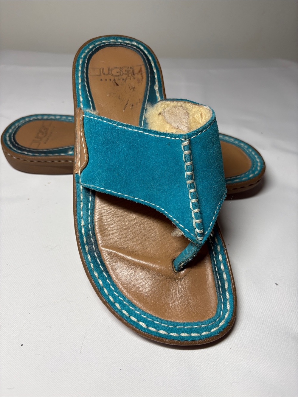 UGG Teal Sheepskin Lined Flip Flop Thong Sandal Size see measurement